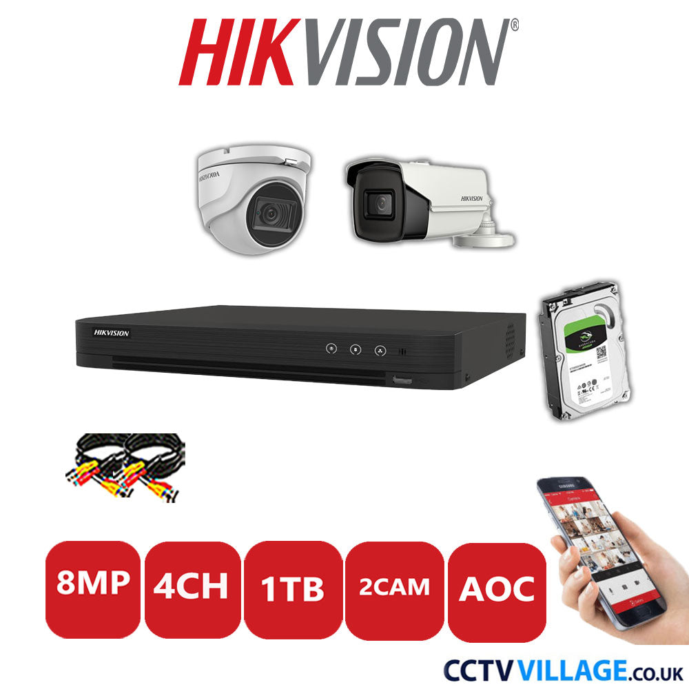 Hikvision 8MP Mix CCTV System 4 Channel DVR-iDS-7204HUHI-M1/S with 1x Turret Camera DS.2CE76U1T-ITMF White & 1x Bullet Camera DS.2CE16U1T-IT3F White 1TB HDD Full Kit