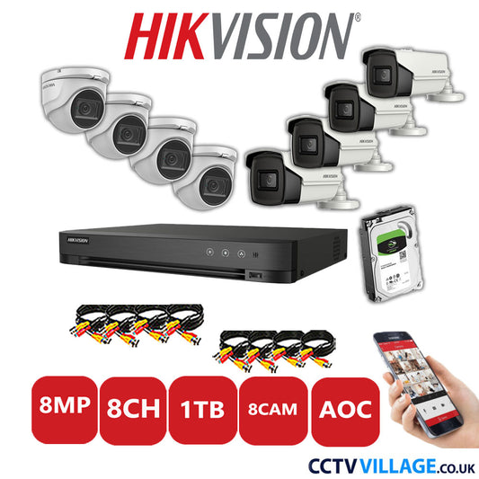 Hikvision 8MP Mix CCTV System 8 Channel DVR-iDS-7208HUHI-M1/S with 4x Turret Cameras DS.2CE76U1T-ITMF White & 4x Bullet Cameras DS.2CE16U1T-IT3F White 1TB HDD Full Kit