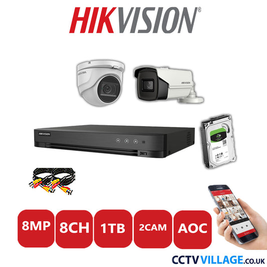 Hikvision 8MP Mix CCTV System 8 Channel DVR-iDS-7208HUHI-M1/S with 1x Turret Camera DS.2CE76U1T-ITMF White & 1x Bullet Camera DS.2CE16U1T-IT3F White 1TB HDD Full Kit