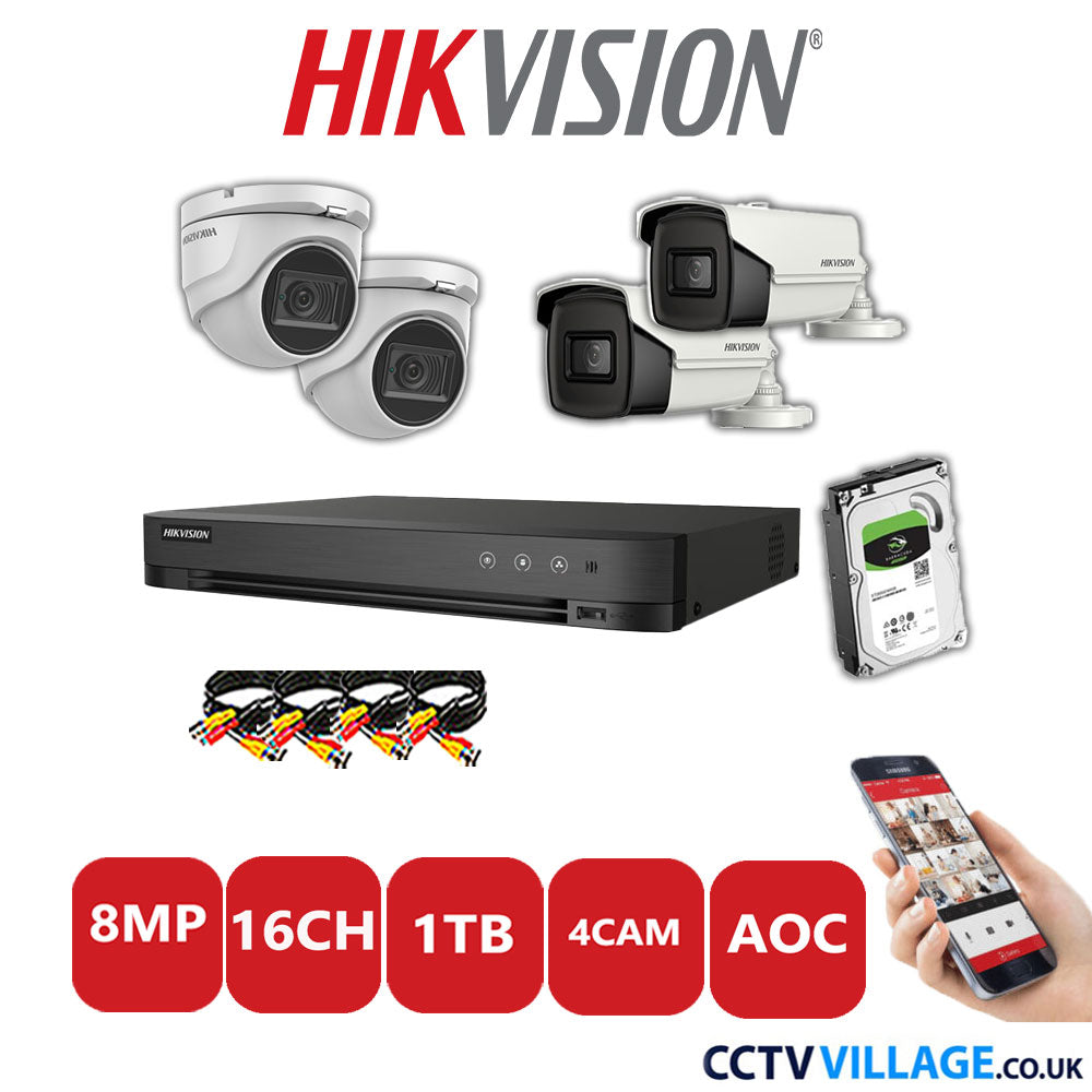 Hikvision 8MP Mix CCTV System 16 Channel DVR-iDS-7216HUHI-M2/S with 2x Turret Cameras DS.2CE76U1T-ITMF White & 2x Bullet Cameras DS.2CE16U1T-IT3F White 1TB HDD Full Kit