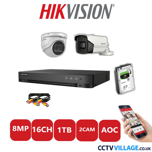 Hikvision 8MP Mix CCTV System 16 Channel DVR-iDS-7216HUHI-M2/S with 1x Turret Camera DS.2CE76U1T-ITMF White & 1x Bullet Camera DS.2CE16U1T-IT3F White 1TB HDD Full Kit