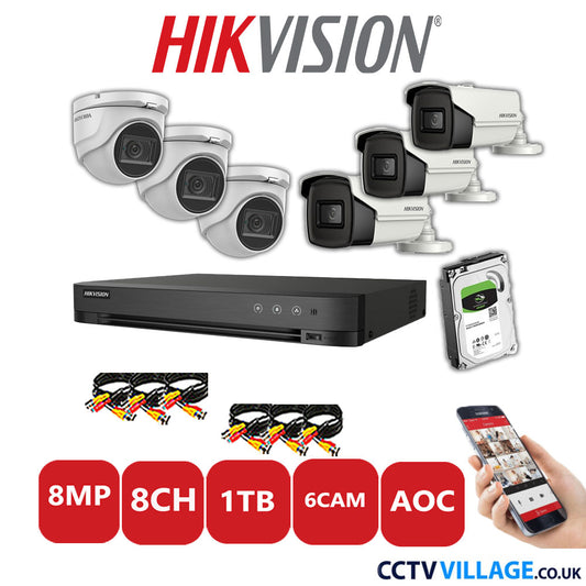 Hikvision 8MP Mix CCTV System 8 Channel DVR-iDS-7208HUHI-M1/S with 3x Turret Cameras DS.2CE76U1T-ITMF White & 3x Bullet Cameras DS.2CE16U1T-IT3F White 1TB HDD Full Kit