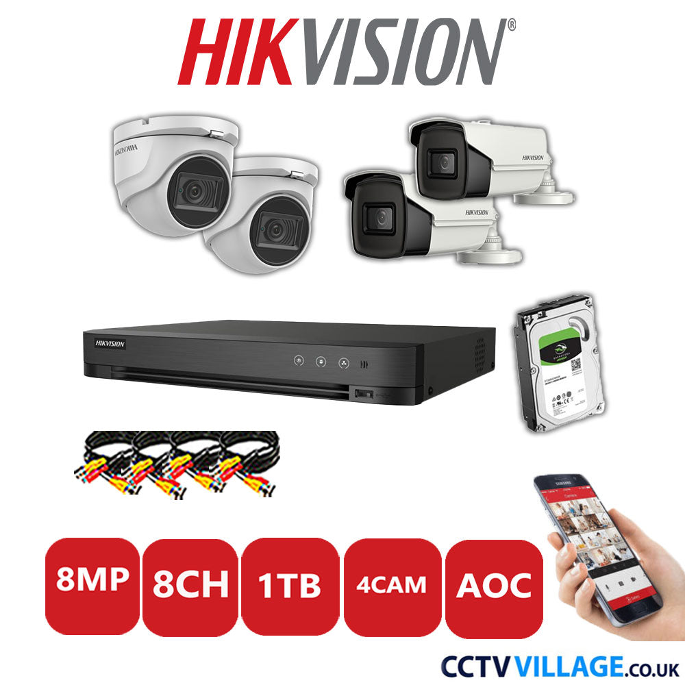 Hikvision 8MP Mix CCTV System 8 Channel DVR-iDS-7208HUHI-M1/S with 2x Turret Cameras DS.2CE76U1T-ITMF White & 2x Bullet Cameras DS.2CE16U1T-IT3F White 1TB HDD Full Kit