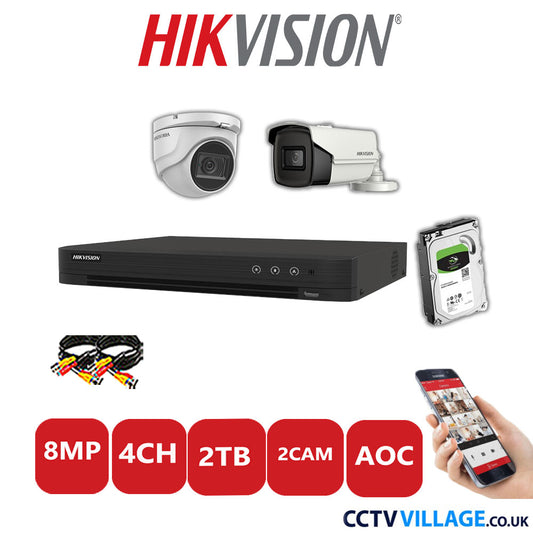 Hikvision 8MP Mix CCTV System 4 Channel DVR-iDS-7204HUHI-M1/S with 1x Turret Camera DS.2CE76U1T-ITMF White & 1x Bullet Camera DS.2CE16U1T-IT3F White 2TB HDD Full Kit