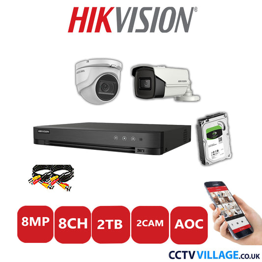 Hikvision 8MP Mix CCTV System 8 Channel DVR-iDS-7208HUHI-M1/S with 1x Turret Camera DS.2CE76U1T-ITMF White & 1x Bullet Camera DS.2CE16U1T-IT3F White 2TB HDD Full Kit