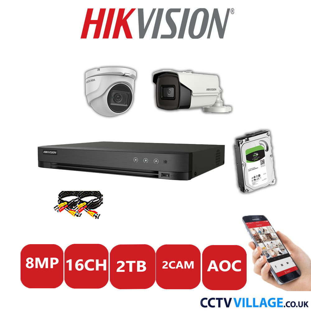 Hikvision 8MP Mix CCTV System 16 Channel DVR-iDS-7216HUHI-M2/S with 1x Turret Camera DS.2CE76U1T-ITMF White & 1x Bullet Camera DS.2CE16U1T-IT3F White 2TB HDD Full Kit