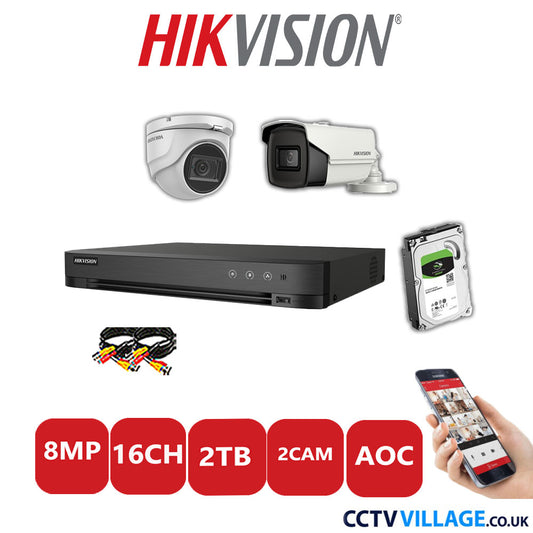 Hikvision 8MP Mix CCTV System 16 Channel DVR-iDS-7216HUHI-M2/S with 1x Turret Camera DS.2CE76U1T-ITMF White & 1x Bullet Camera DS.2CE16U1T-IT3F White 2TB HDD Full Kit