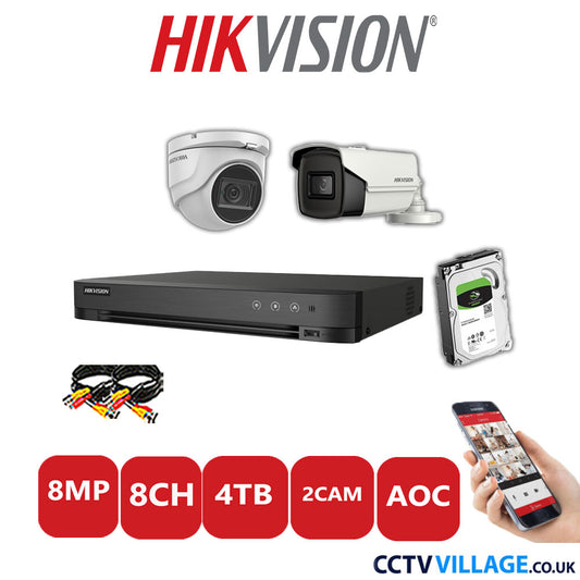 Hikvision 8MP Mix CCTV System 8 Channel DVR-iDS-7208HUHI-M1/S with 1x Turret Camera DS.2CE76U1T-ITMF White & 1x Bullet Camera DS.2CE16U1T-IT3F White 4TB HDD Full Kit