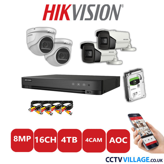 Hikvision 8MP Mix CCTV System 16 Channel DVR-iDS-7216HUHI-M2/S with 2x Turret Cameras DS.2CE76U1T-ITMF White & 2x Bullet Cameras DS.2CE16U1T-IT3F White 4TB HDD Full Kit