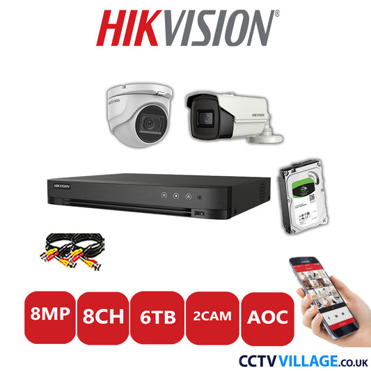 Hikvision 8MP Mix CCTV System 8 Channel DVR-iDS-7208HUHI-M1/S with 1x Turret Camera DS.2CE76U1T-ITMF White & 1x Bullet Camera DS.2CE16U1T-IT3F White 6TB HDD Full Kit