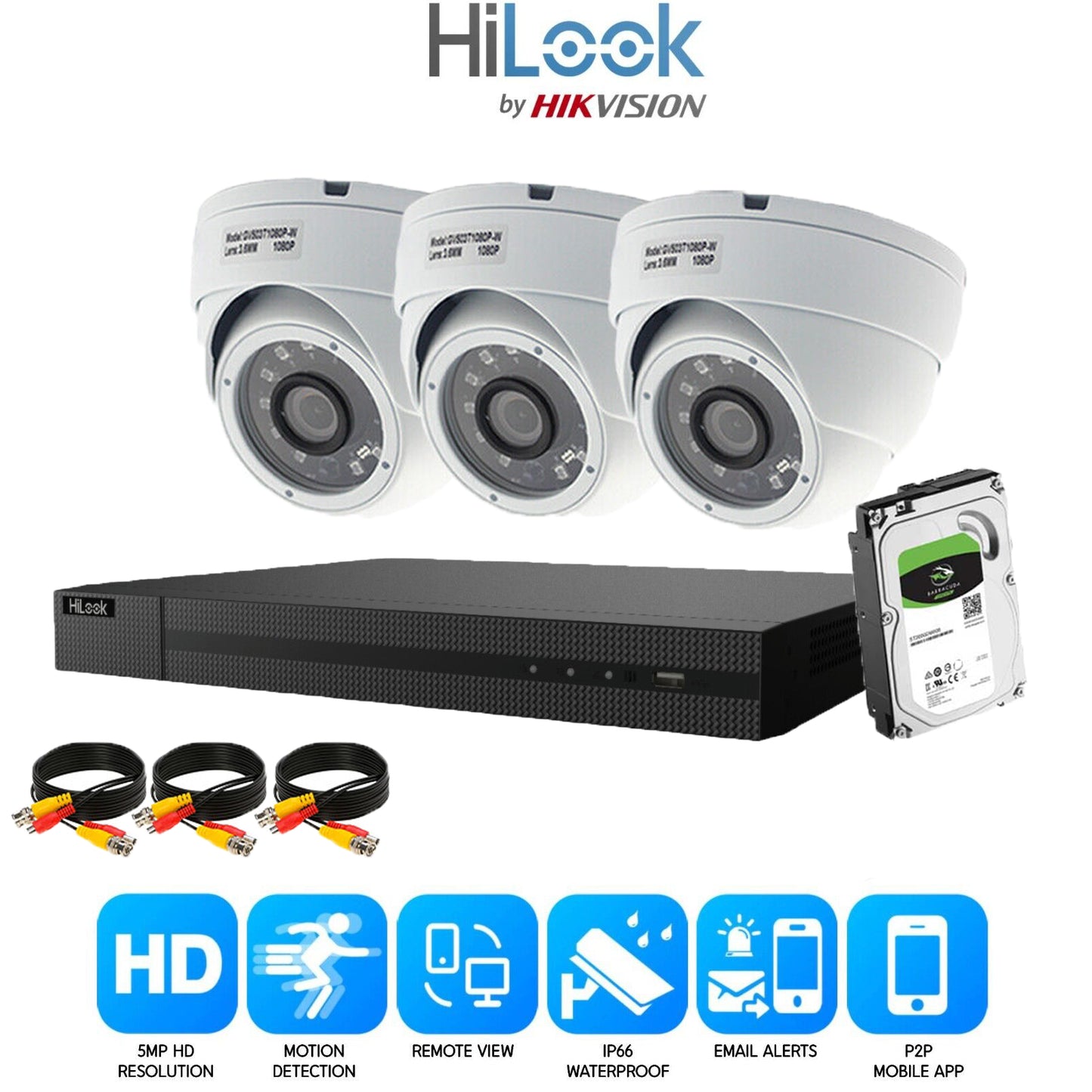 HIKVISION HILOOK 5MP CCTV SYSTEM 4CH DVR FULL HD 20M NIGHT VISION DOME CAMERAS 3x Cameras (White) 1TB HDD