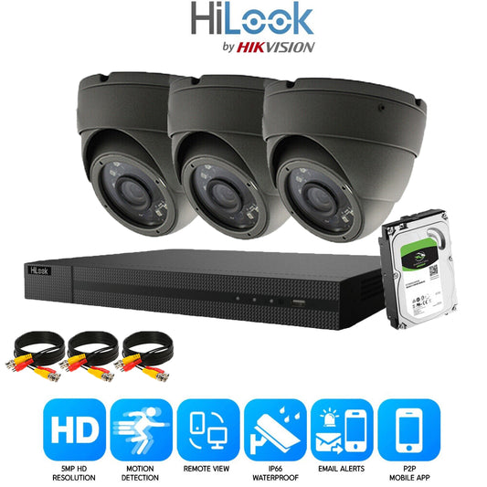 HIKVISION HILOOK 5MP CCTV SYSTEM 4CH DVR FULL HD 20M NIGHT VISION DOME CAMERAS 3x Cameras (Grey) 1TB HDD