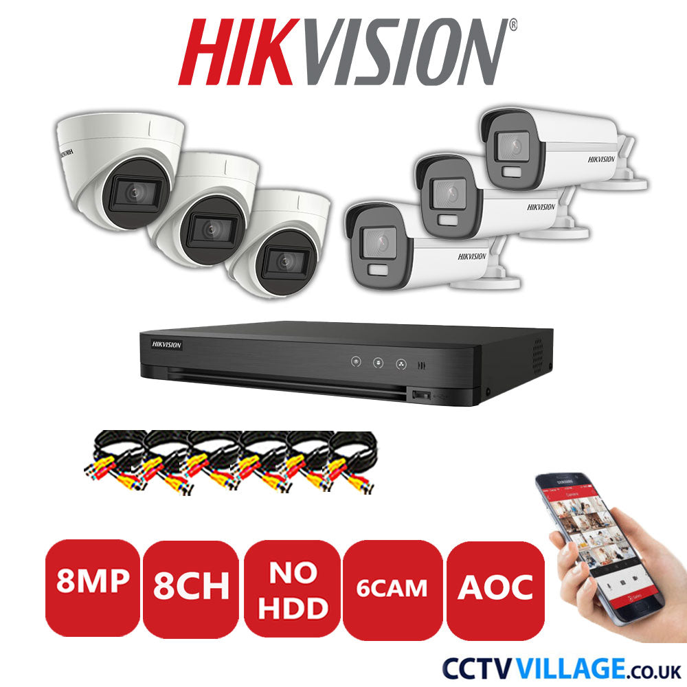 Hikvision 8MP Mix CCTV System 8 Channel DVR-iDS-7208HUHI-M1/S with 3x Turret Cameras DS.2CE78U1T-IT3F White & 3x Bullet Cameras DS.2CE12UF3T-E White No HDD Full Kit