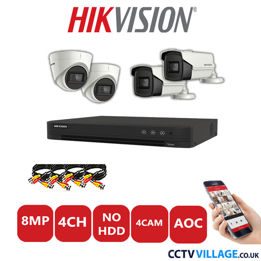 Hikvision 8MP Mix CCTV System 4 Channel DVR-iDS-7204HUHI-M1/S with 2x Turret Cameras DS.2CE78U1T-IT3F White & 2x Bullet Cameras DS.2CE16U1T-IT3F White No HDD Full Kit