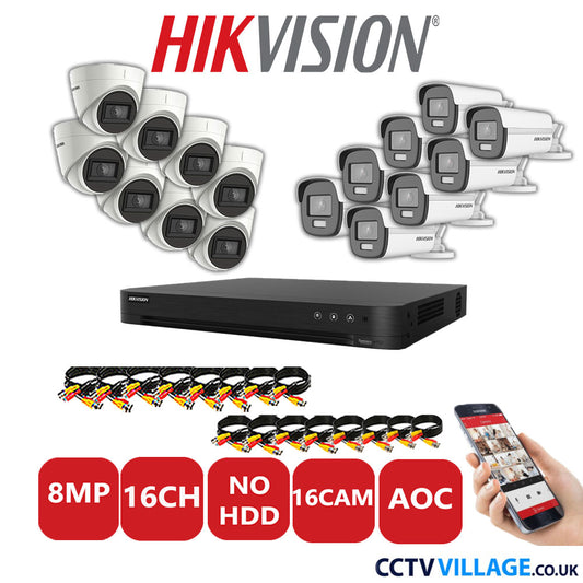 Hikvision 8MP Mix CCTV System 16 Channel DVR-iDS-7216HUHI-M2/S with 8x Turret Cameras DS.2CE78U1T-IT3F White & 8x Bullet Cameras DS.2CE12UF3T-E White No HDD Full Kit