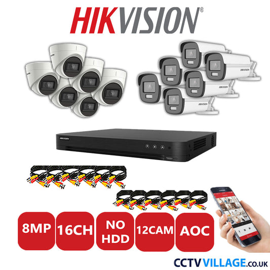 Hikvision 8MP Mix CCTV System 16 Channel DVR-iDS-7216HUHI-M2/S with 6x Turret Cameras DS.2CE78U1T-IT3F White & 6x Bullet Cameras DS.2CE12UF3T-E White No HDD Full Kit