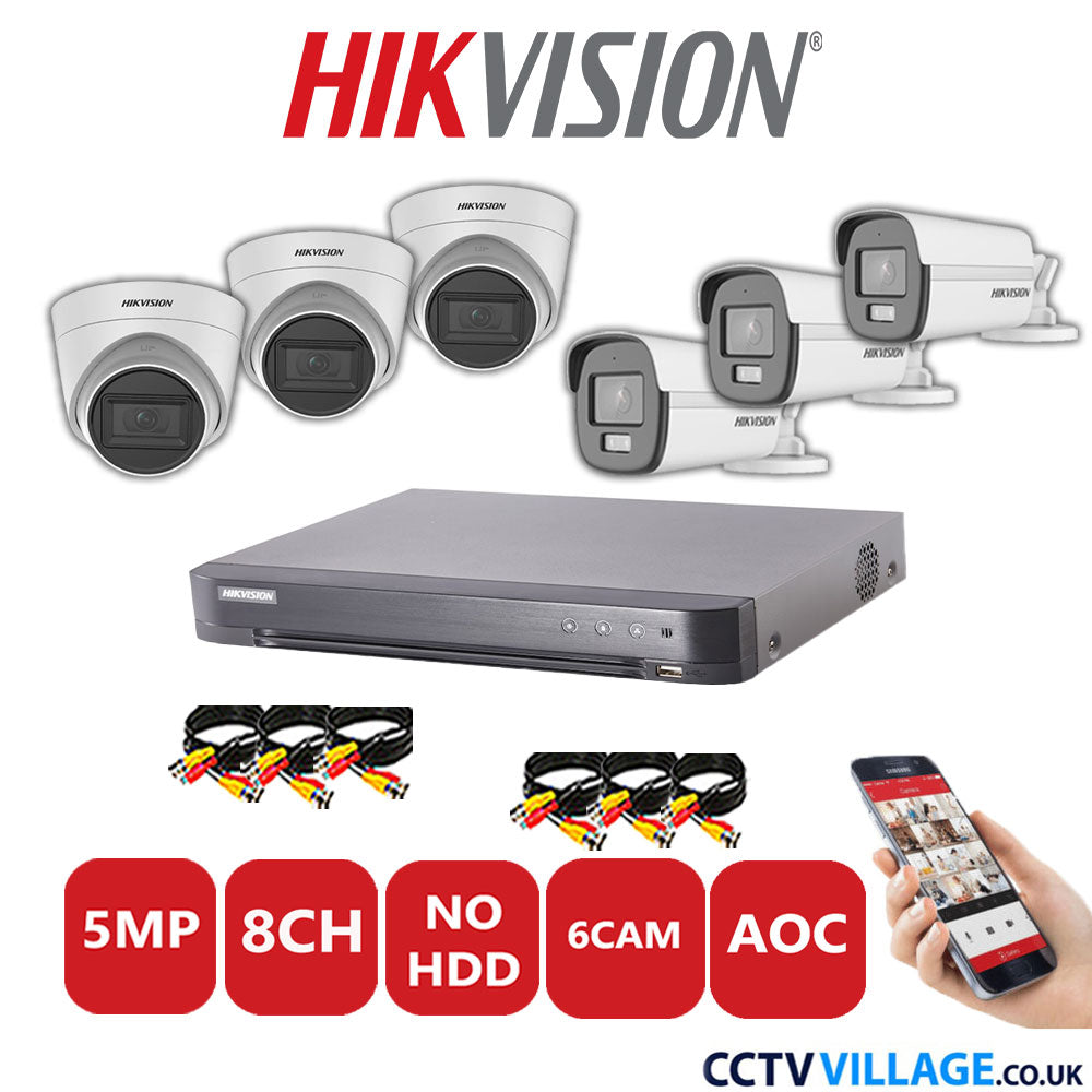 Hikvision 5MP Mix CCTV System 8 Channel DVR-iDS-7208HQHI-K1/4S with 3x Turret Cameras DS.2CE78HOT-IT3FS White & 3x Bullet Cameras DS.2CE12KF0T-LFS White No HDD Full Kit