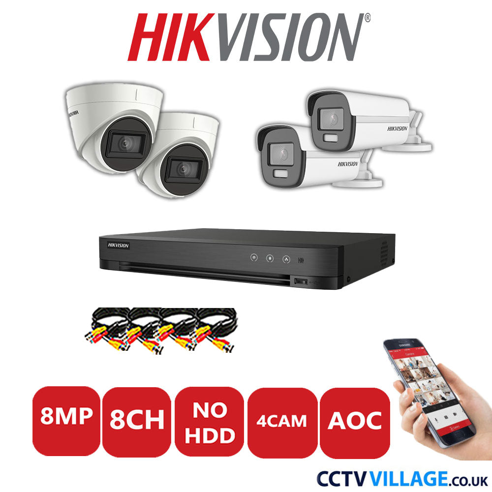 Hikvision 8MP Mix CCTV System 8 Channel DVR-iDS-7208HUHI-M1/S with 2x Turret Cameras DS.2CE78U1T-IT3F White & 2x Bullet Cameras DS.2CE12UF3T-E White No HDD Full Kit