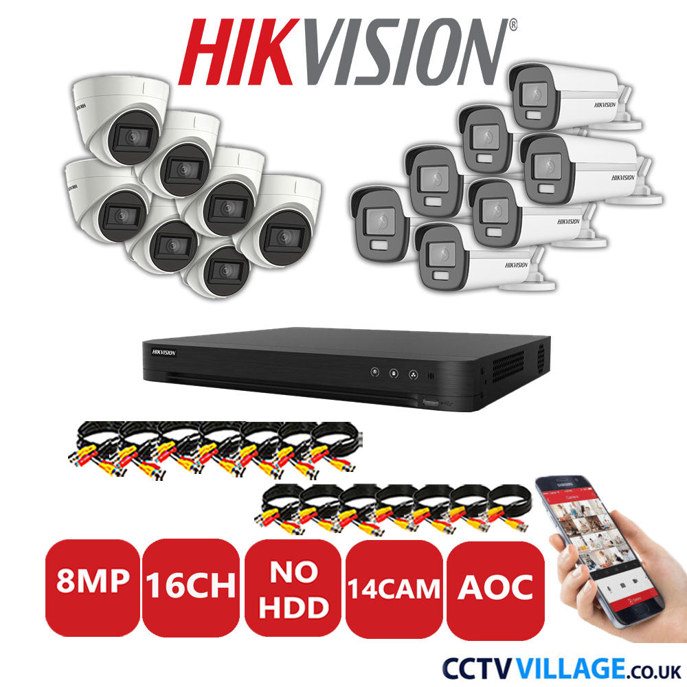 Hikvision 8MP Mix CCTV System 16 Channel DVR-iDS-7216HUHI-M2/S with 7x Turret Cameras DS.2CE78U1T-IT3F White & 7x Bullet Cameras DS.2CE12UF3T-E White No HDD Full Kit