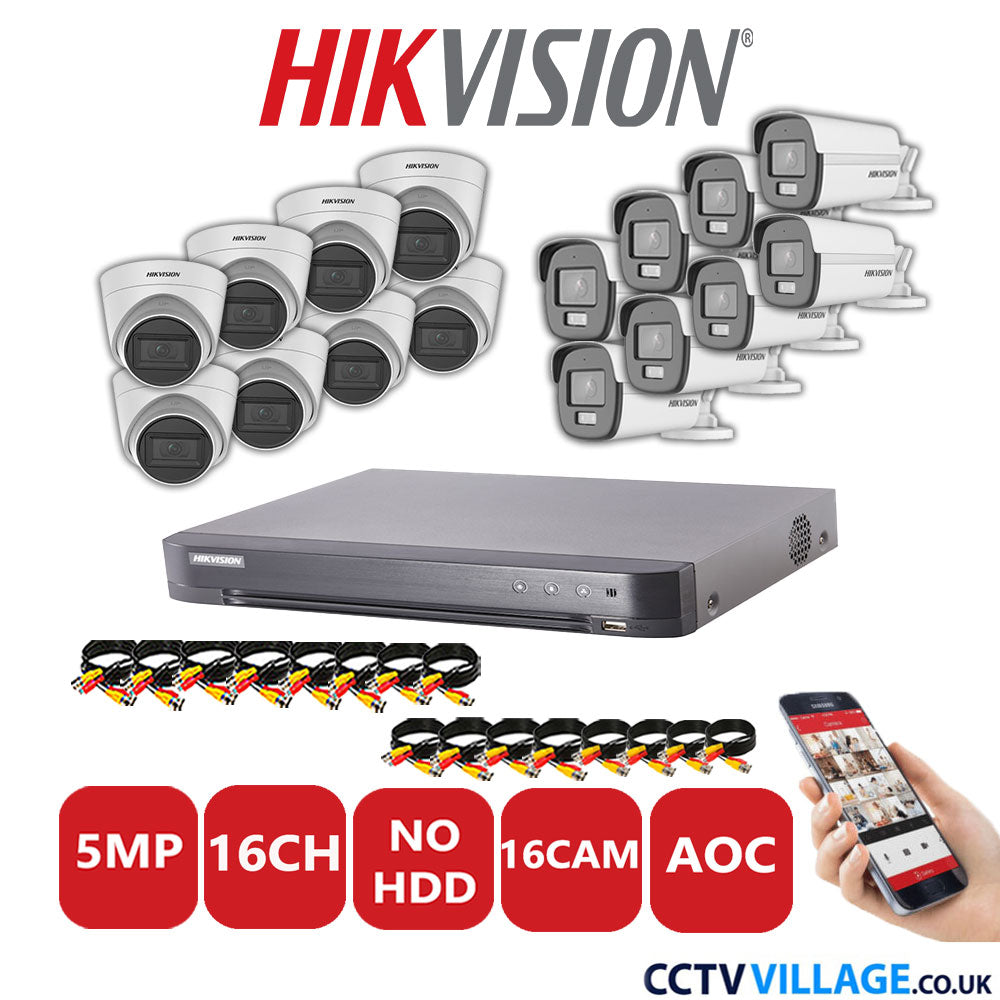 Hikvision 5MP Mix CCTV System 16 Channel DVR-iDS-7216HQHI-K1/4S with 8x Turret Cameras DS.2CE78HOT-ITM3S White & 8x Bullet Cameras DS.2CE12KF0T-LFS White No HDD Full Kit