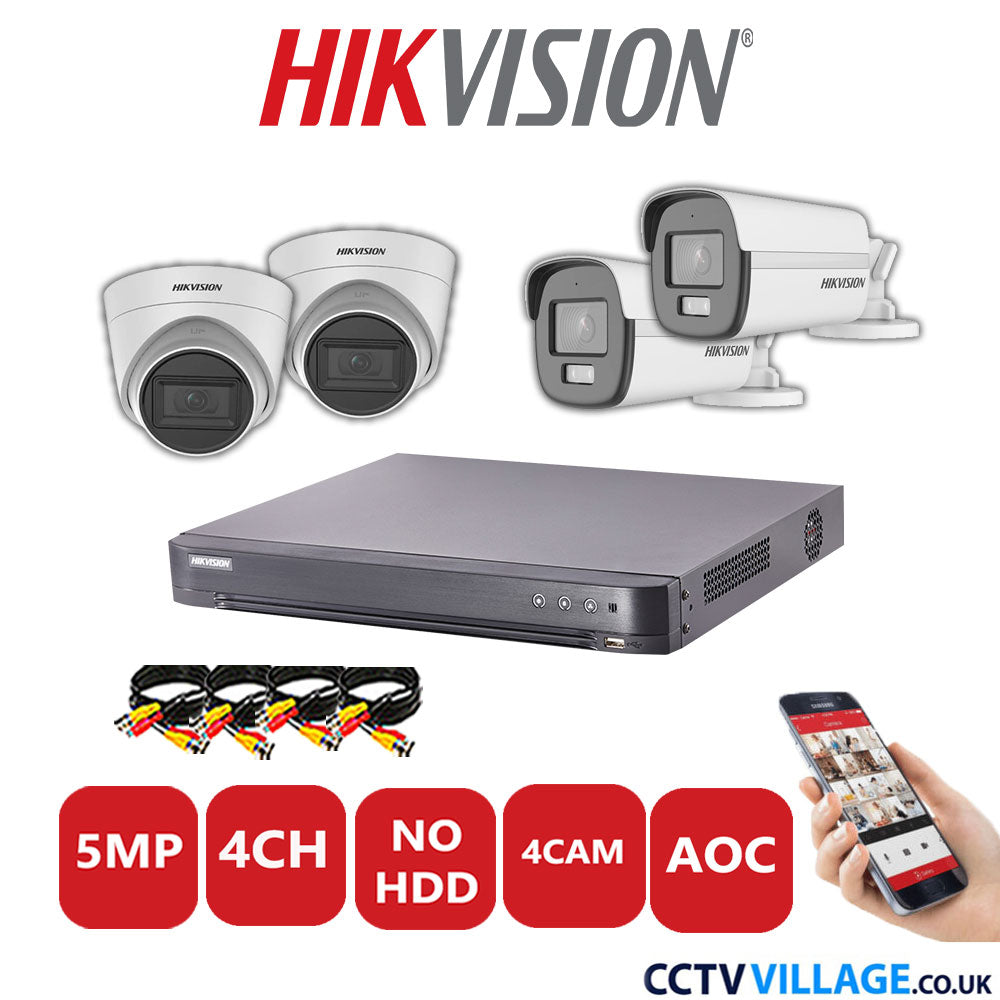 Hikvision 5MP Mix CCTV System 4 Channel DVR-iDS-7204HQHI-K1/2S with 2x Turret Cameras DS-2CE78H0T-IT3FS White & 2x Bullet Cameras DS.2CE12KF0T-LFS White No HDD Full Kit