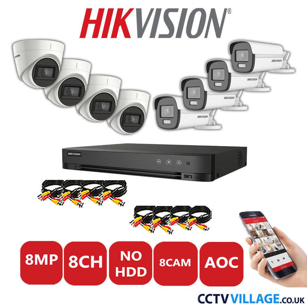 Hikvision 8MP Mix CCTV System 8 Channel DVR-iDS-7208HUHI-M1/S with 4x Turret Cameras DS.2CE78U1T-IT3F White & 4x Bullet Cameras DS.2CE12UF3T-E White No HDD Full Kit