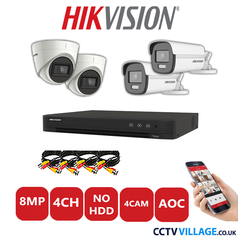 Hikvision 8MP Mix CCTV System 4 Channel DVR-iDS-7204HUHI-M1/S with 2x Turret Cameras DS.2CE78U1T-IT3F White & 2x Bullet Cameras DS.2CE12UF3T-E White No HDD Full Kit