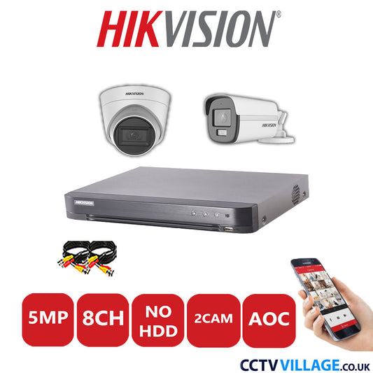 Hikvision 5MP Mix CCTV System 8 Channel DVR-iDS-7208HQHI-K1/4S with 1x Turret Camera DS.2CE78HOT-IT3FS White & 1x Bullet Camera DS.2CE12KF0T-LFS White No HDD Full Kit