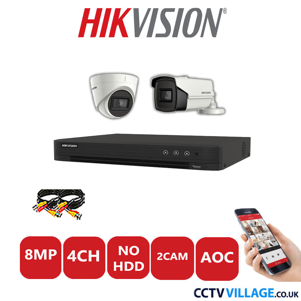 Hikvision 8MP Mix CCTV System 4 Channel DVR-iDS-7204HUHI-M1/S with 1x Turret Camera DS.2CE78U1T-IT3F White & 1x Bullet Camera DS.2CE16U1T-IT3F White No HDD Full Kit