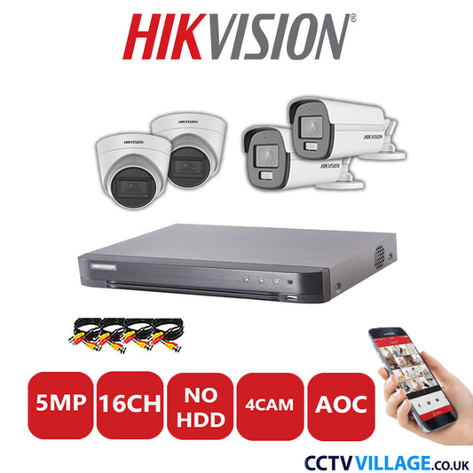 Hikvision 5MP Mix CCTV System 16 Channel DVR-iDS-7216HQHI-K1/4S with 2x Turret Cameras DS.2CE78HOT-ITM3S White & 2x Bullet Cameras DS.2CE12KF0T-LFS White No HDD Full Kit