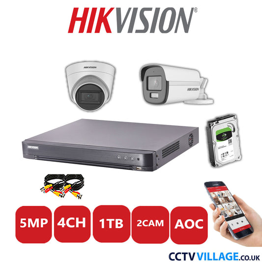 Hikvision 5MP Mix CCTV System 4 Channel DVR-iDS-7204HQHI-K1/2S with 1x Turret Camera DS-2CE78H0T-IT3FS White & 1x Bullet Camera DS.2CE12KF0T-LFS White 1TB HDD Full Kit