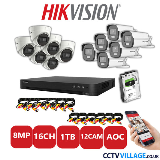 Hikvision 8MP Mix CCTV System 16 Channel DVR-iDS-7216HUHI-M2/S with 6x Turret Cameras DS.2CE78U1T-IT3F White & 6x Bullet Cameras DS.2CE12UF3T-E White 1TB HDD Full Kit