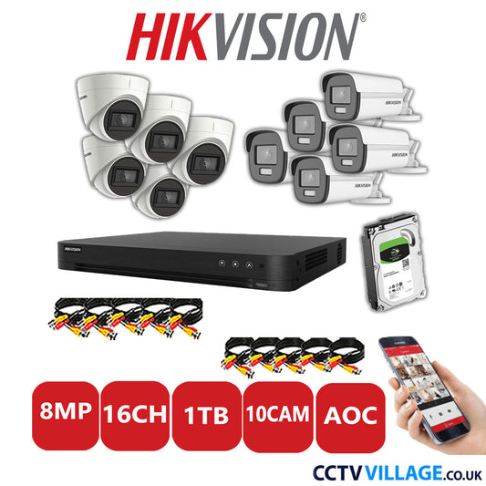 Hikvision 8MP Mix CCTV System 16 Channel DVR-iDS-7216HUHI-M2/S with 5x Turret Cameras DS.2CE78U1T-IT3F White & 5x Bullet Cameras DS.2CE12UF3T-E White 1TB HDD Full Kit