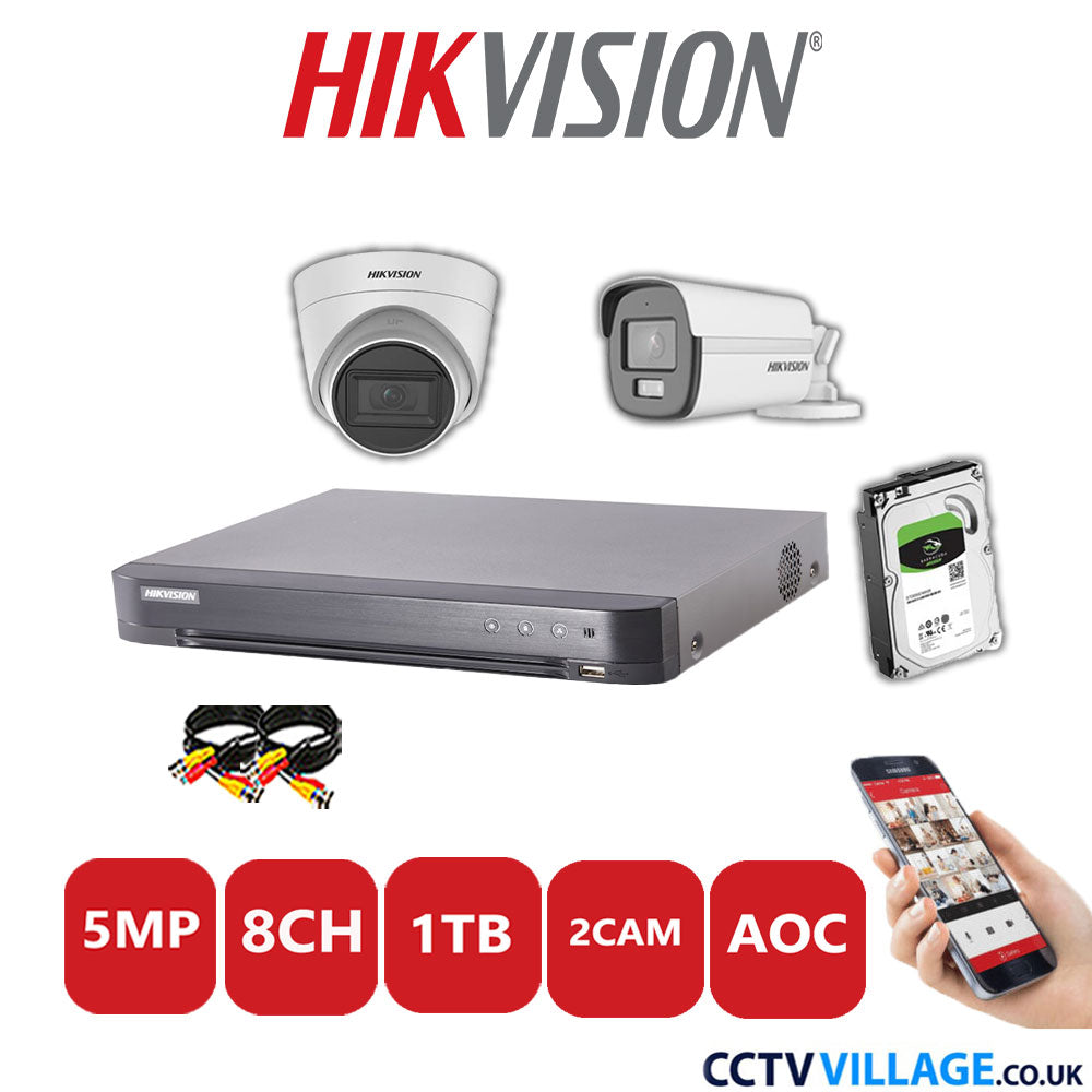 Hikvision 5MP Mix CCTV System 8 Channel DVR-iDS-7208HQHI-K1/4S with 1x Turret Camera DS.2CE78HOT-IT3FS White & 1x Bullet Camera DS.2CE12KF0T-LFS White 1TB HDD Full Kit