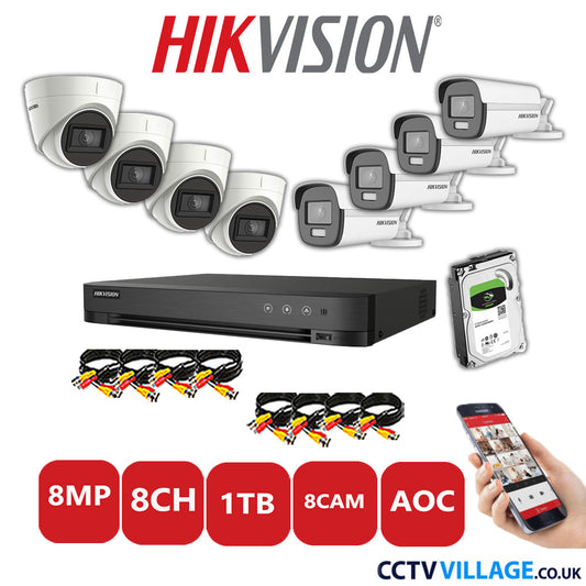 Hikvision 8MP Mix CCTV System 8 Channel DVR-iDS-7208HUHI-M1/S with 4x Turret Cameras DS.2CE78U1T-IT3F White & 4x Bullet Cameras DS.2CE12UF3T-E White 1TB HDD Full Kit