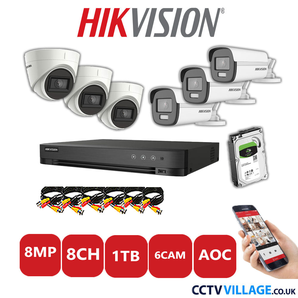 Hikvision 8MP Mix CCTV System 8 Channel DVR-iDS-7208HUHI-M1/S with 3x Turret Cameras DS.2CE78U1T-IT3F White & 3x Bullet Cameras DS.2CE12UF3T-E White 1TB HDD Full Kit