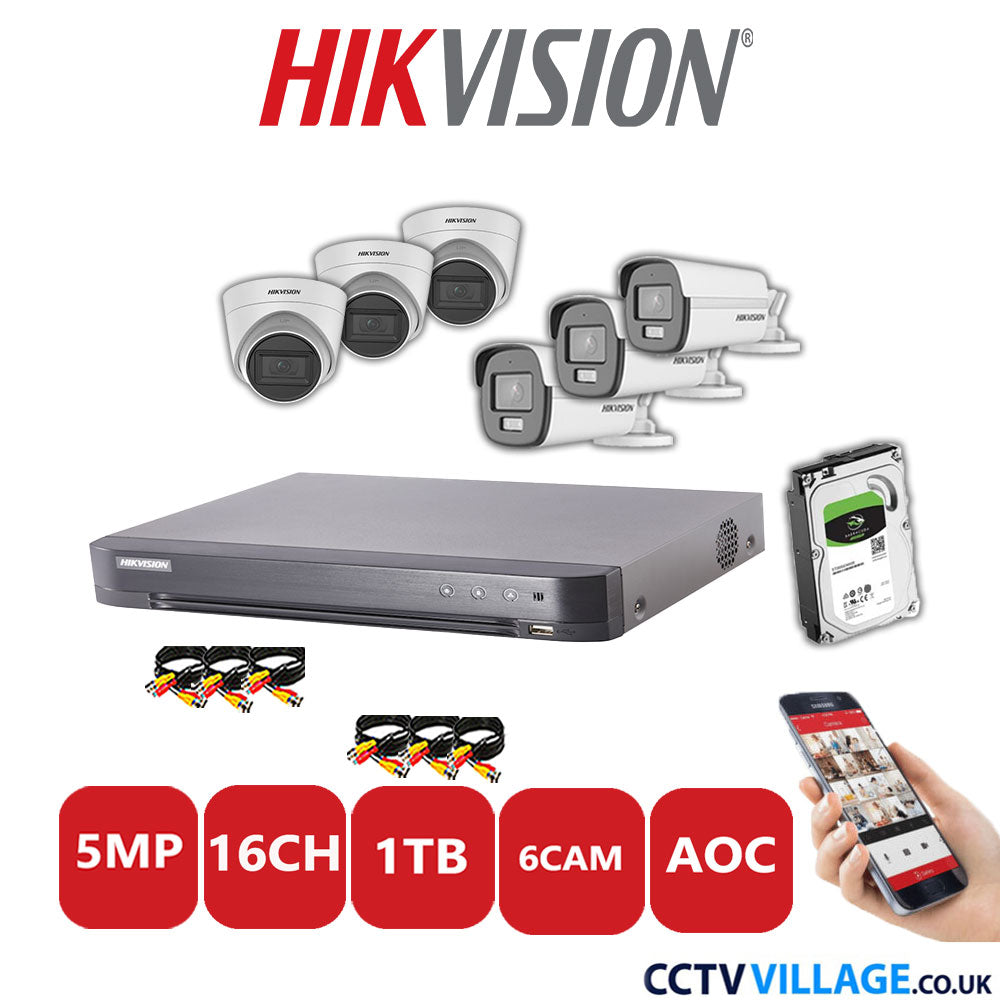 Hikvision 5MP Mix CCTV System 16 Channel DVR-iDS-7216HQHI-K1/4S with 3x Turret Cameras DS.2CE78HOT-ITM3S White & 3x Bullet Cameras DS.2CE12KF0T-LFS White 1TB HDD Full Kit