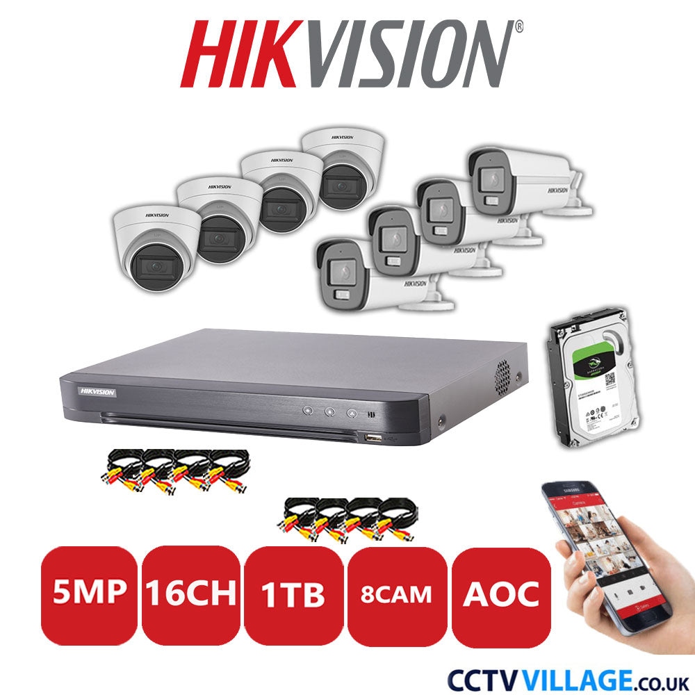 Hikvision 5MP Mix CCTV System 16 Channel DVR-iDS-7216HQHI-K1/4S with 4x Turret Cameras DS.2CE78HOT-ITM3S White & 4x Bullet Cameras DS.2CE12KF0T-LFS White 1TB HDD Full Kit