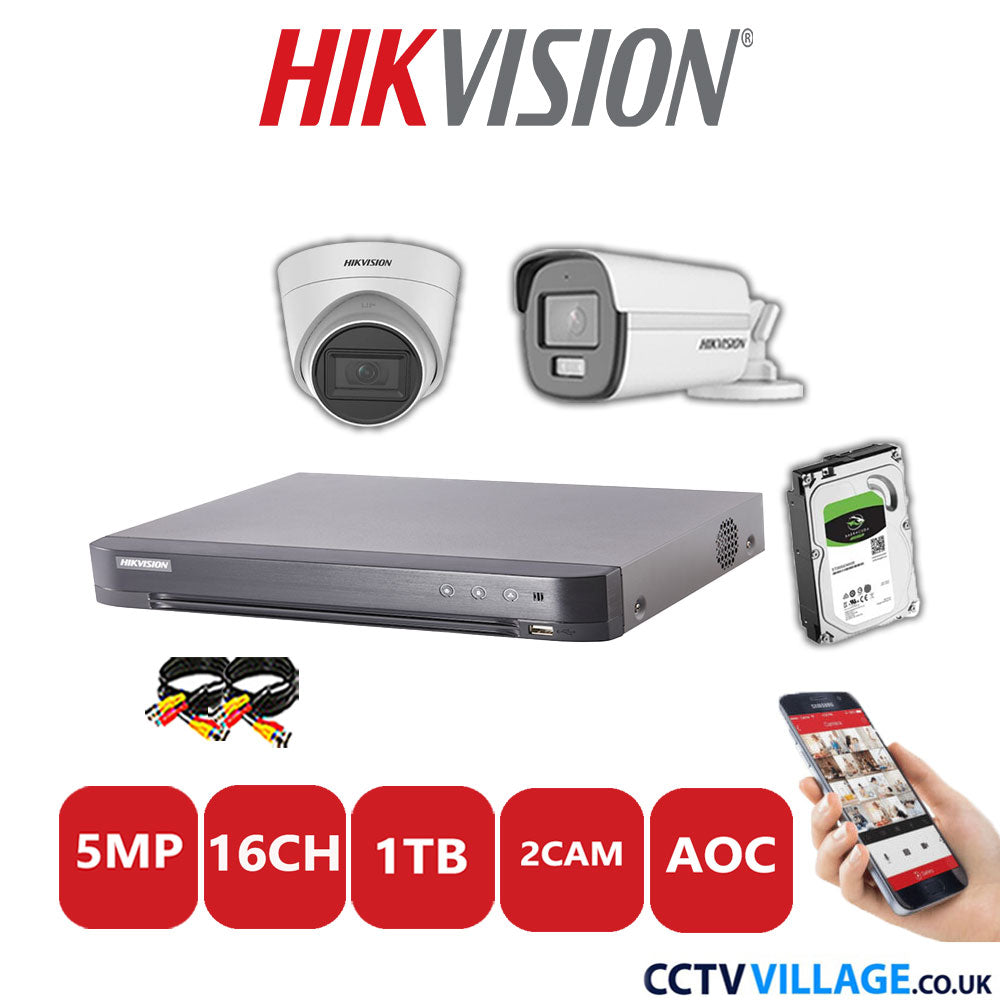 Hikvision 5MP Mix CCTV System 16 Channel DVR-iDS-7216HQHI-K1/4S with 1x Turret Camera DS.2CE78HOT-ITM3S White & 1x Bullet Camera DS.2CE12KF0T-LFS White 1TB HDD Full Kit