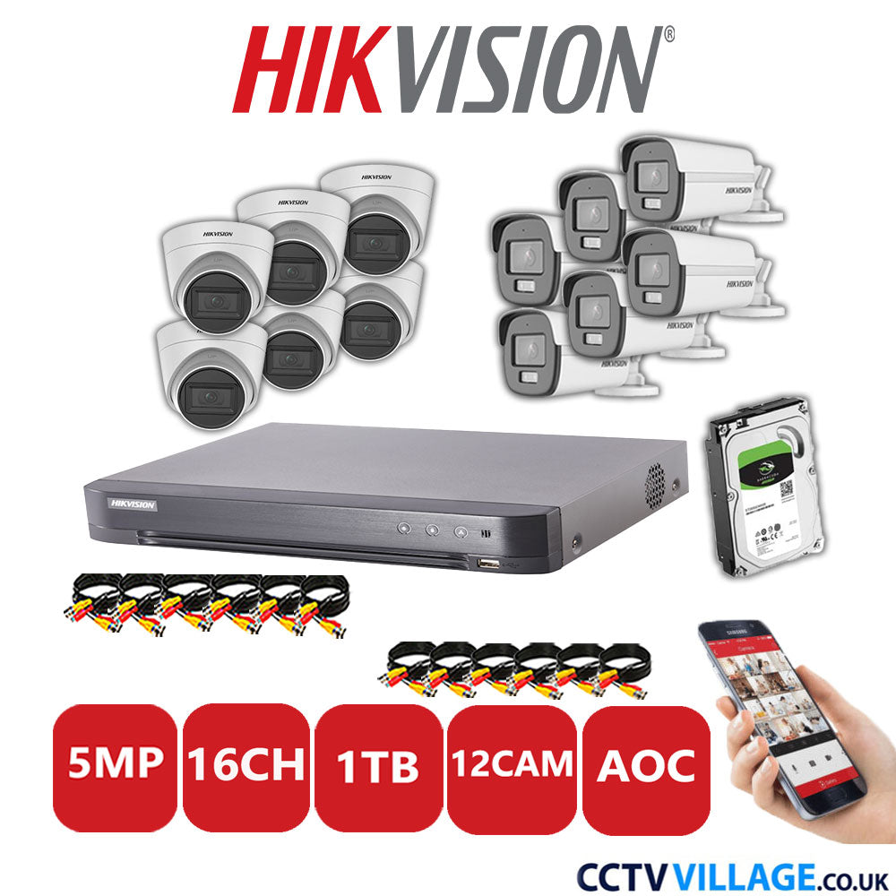 Hikvision 5MP Mix CCTV System 16 Channel DVR-iDS-7216HQHI-K1/4S with 6x Turret Cameras DS.2CE78HOT-ITM3S White & 6x Bullet Cameras DS.2CE12KF0T-LFS White 1TB HDD Full Kit