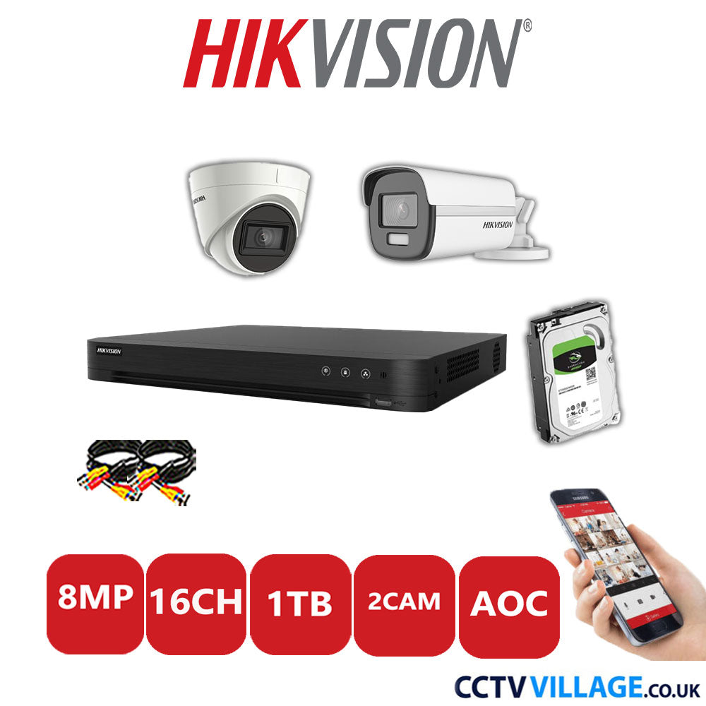 Hikvision 8MP Mix CCTV System 16 Channel DVR-iDS-7216HUHI-M2/S with 1x Turret Camera DS.2CE78U1T-IT3F White & 1x Bullet Camera DS.2CE12UF3T-E White 1TB HDD Full Kit