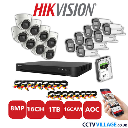 Hikvision 8MP Mix CCTV System 16 Channel DVR-iDS-7216HUHI-M2/S with 8x Turret Cameras DS.2CE78U1T-IT3F White & 8x Bullet Cameras DS.2CE12UF3T-E White 1TB HDD Full Kit