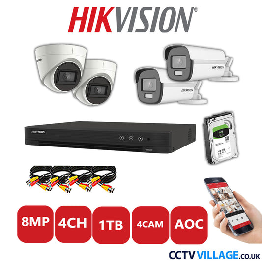 Hikvision 8MP Mix CCTV System 4 Channel DVR-iDS-7204HUHI-M1/S with 2x Turret Cameras DS.2CE78U1T-IT3F White & 2x Bullet Cameras DS.2CE12UF3T-E White 1TB HDD Full Kit