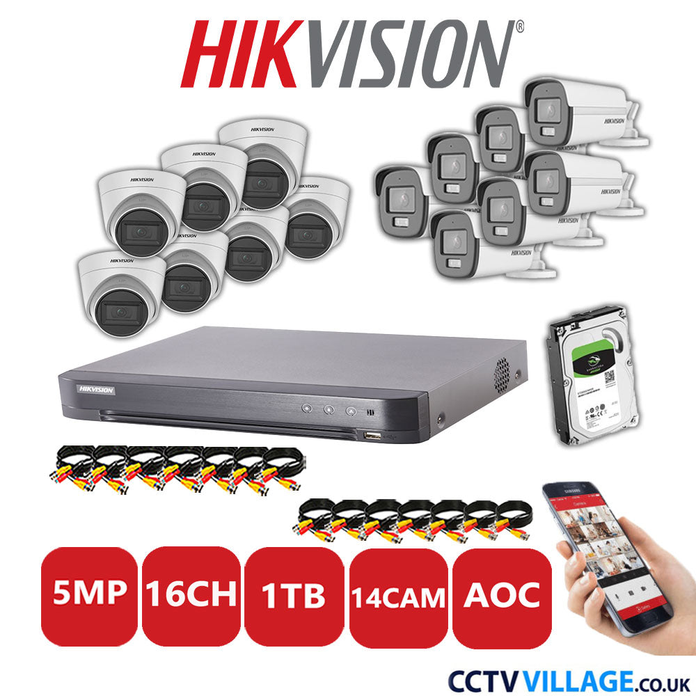 Hikvision 5MP Mix CCTV System 16 Channel DVR-iDS-7216HQHI-K1/4S with 7x Turret Cameras DS.2CE78HOT-ITM3S White & 7x Bullet Cameras DS.2CE12KF0T-LFS White 1TB HDD Full Kit