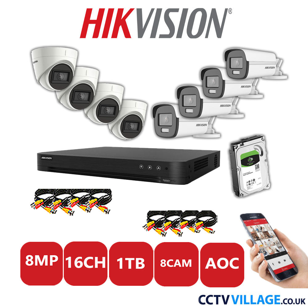 Hikvision 8MP Mix CCTV System 16 Channel DVR-iDS-7216HUHI-M2/S with 4x Turret Cameras DS.2CE78U1T-IT3F White & 4x Bullet Cameras DS.2CE12UF3T-E White 1TB HDD Full Kit