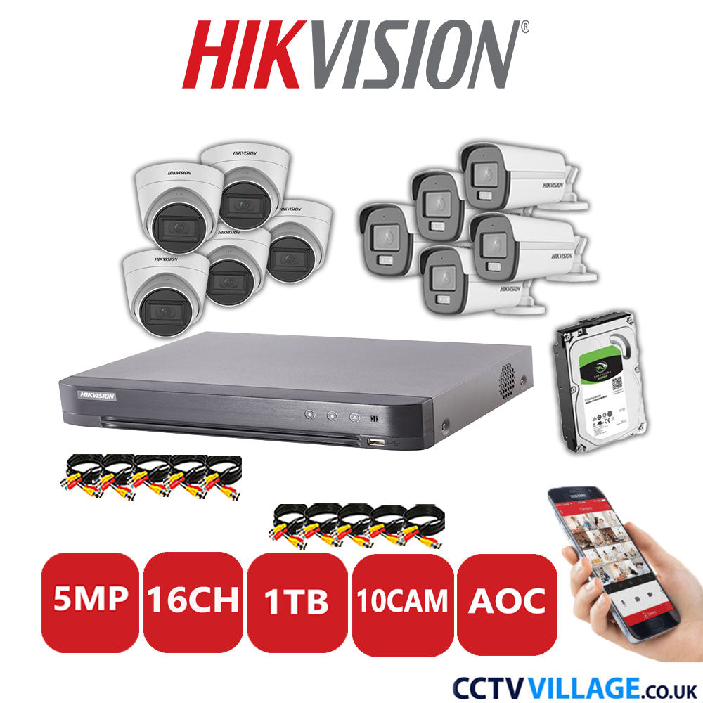 Hikvision 5MP Mix CCTV System 16 Channel DVR-iDS-7216HQHI-K1/4S with 5x Turret Cameras DS.2CE78HOT-ITM3S White & 5x Bullet Cameras DS.2CE12KF0T-LFS White 1TB HDD Full Kit