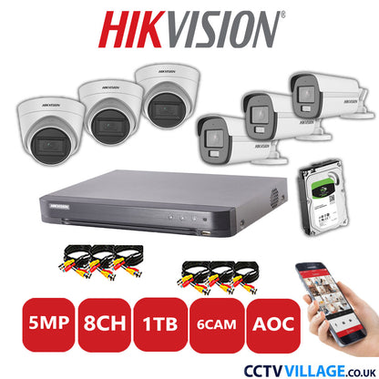 Hikvision 5MP Mix CCTV System 8 Channel DVR-iDS-7208HQHI-K1/4S with 3x Turret Cameras DS.2CE78HOT-IT3FS White & 3x Bullet Cameras DS.2CE12KF0T-LFS White 1TB HDD Full Kit