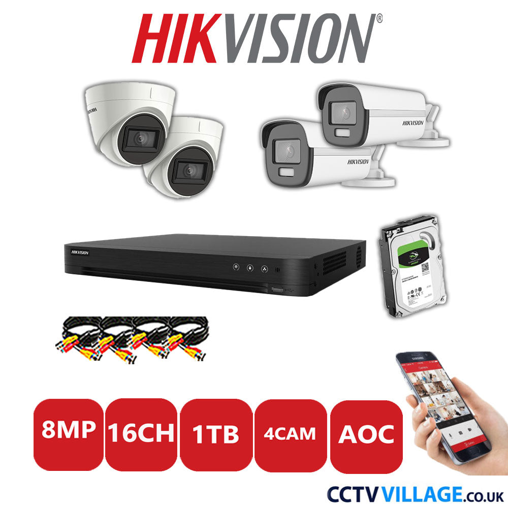 Hikvision 8MP Mix CCTV System 16 Channel DVR-iDS-7216HUHI-M2/S with 2x Turret Cameras DS.2CE78U1T-IT3F White & 2x Bullet Cameras DS.2CE12UF3T-E White 1TB HDD Full Kit