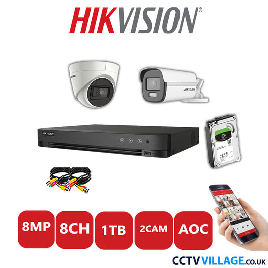 Hikvision 8MP Mix CCTV System 8 Channel DVR-iDS-7208HUHI-M1/S with 1x Turret Camera DS.2CE78U1T-IT3F White & 1x Bullet Camera DS.2CE12UF3T-E White 1TB HDD Full Kit