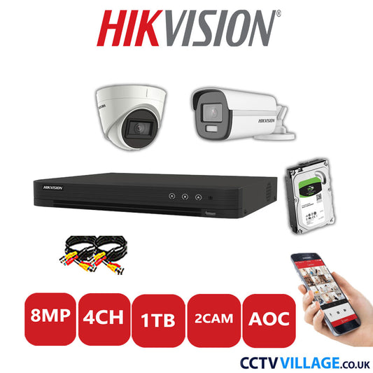 Hikvision 8MP Mix CCTV System 4 Channel DVR-iDS-7204HUHI-M1/S with 1x Turret Camera DS.2CE78U1T-IT3F White & 1x Bullet Camera DS.2CE12UF3T-E White 1TB HDD Full Kit